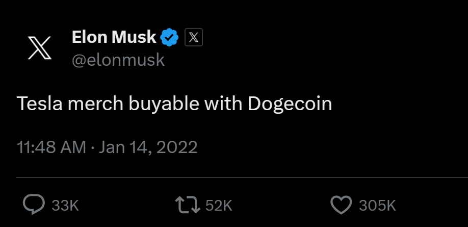 Elon Musk thông báo rằng Tesla đã bắt đầu chấp nhận thanh toán Dogecoin khi mua hàng hóa. Nguồn: Elon Musk trên X